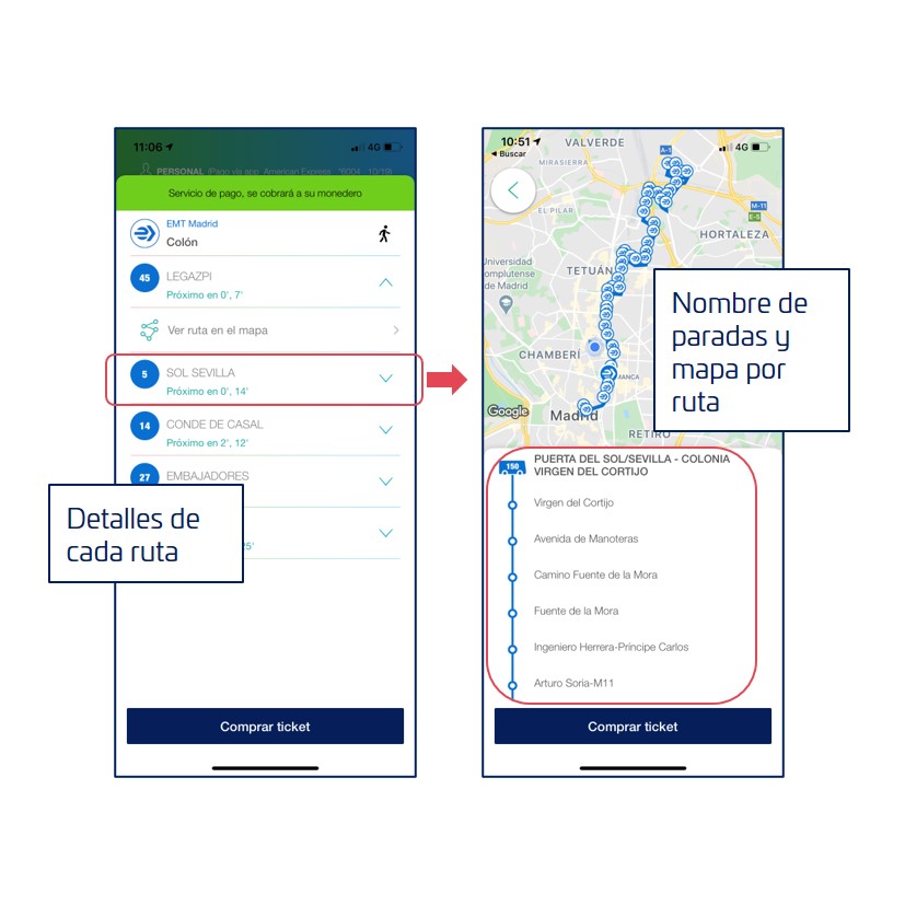 Ver la información de los autobuses y de los trayectos que pasan por una parda del autobús EMT de Madrid
